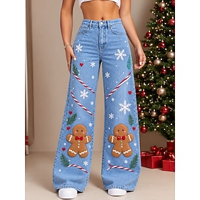 Christmas Women's Jean Denim Cotton Blend Wide Leg Chinos Elegant Vacation Vintage Full Length Mid Waist Graphic Santa Claus Christmas Tree Drawstring Patchwor