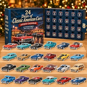 Classic American Cars Advent Calendar Christmas 2D Acrylic Ornament Gifts Countdown, 24 Days Vintage Vehicle Collectibles, Retro Automobile Decorations for Car