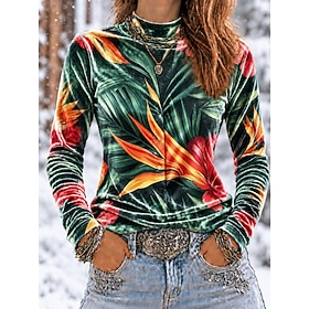 Women's Tunic Tee Print Ombre Floral Graphic Elegant Vintage Fashion Long Sleeve High Neck Regular Tops Casual Daily Going out White Khaki Green Beige Spring F