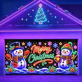 Blacklight Christmas Garage Door Cover, UV Reactive Fluorescent Merry Christmas Snowman Print Garage Door Banner, Colorful Christmas Tree and Snowflake Backdro