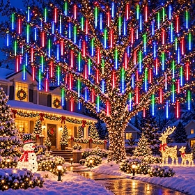 Christmas Meteor Shower Lights, 16 Tubes 384 LED Falling Rain Drop Icicle String Lights, Waterproof Indoor Outdoor Decorations for Christmas Tree, Garden, Pati