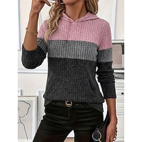 Halloween Women's Ribbed Knitted Texture Patchwork Vintage Stylish Long Sleeve Hooded Long Tops Casual Black Pink Light Purple Dark Gray Military Green Fall Wi