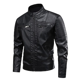 Men's Faux Leather Jacket Jacket Casual Jacket Motorcycle Jacket Casual Outdoor Waterproof Windproof Pocket Fall Winter Solid Color Punk Active Stand Collar Re