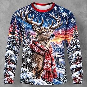 Christmas Men's Elk Tiger Christmas Animal T Shirt Long Sleeve T shirt 3D Print Crew Neck Shirt Fashion Daily Casual Casual Daily Blue Blue 3# Blue 2# Summer S