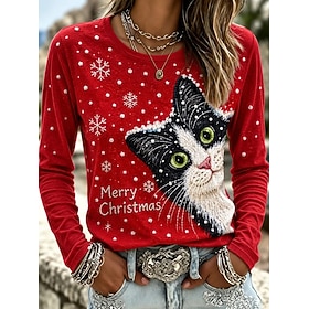 Christmas Women's T Shirt Print Graphic Santa Claus Letter Vintage Fashion Stylish Long Sleeve Crew Neck Regular Tops Casual Daily Weekend Blue Black Red Green