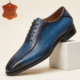 Men's Genuine Leather Blue Dress Shoes Lace Up Oxford Derby Formal Shoes Classic Elegant Business Casual Shoes Luxury Modern Style Wedding Office Party Evening