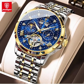 POEDAGAR Men's Mechanical Watch, Luxury Skeleton Dial Wristwatch with Stainless Steel Bracelet, Luminous Display, 30M Water Resistant, Fashion Business Automat