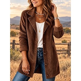 Women's Long Coat Blazer Corduroy Jacket Lightweight Buttons Elegant Modern Casual Solid Color Casual Daily Street Long Notch Lapel Long Sleeve Outerwear Black