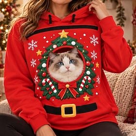 Christmas Bonding Pouch Hoodie Pet Lover Gifts Small Pet Carrier Christmas Tree Print Cute Cozy Cat Dog Front Pocket Plus Size for Women's Adults' 3D Print  fo