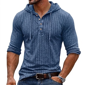 Men's T Shirt Fleece Shirt Ribbed Knit tee Long Sleeve Hoodie Henley Fall Winter Spring Fall Solid Color Textured Warm Traditional / Vintage Casual Warm Plain