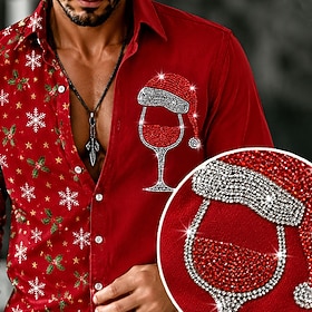 Christmas Men's Snowflake Button Up Rhinestone Shirt Casual Dress Shirt Long Sleeve Fashion Casual Vacation Dailywear Summer Spring Fall Turndown Collared Shir