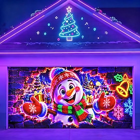 Blacklight Christmas Garage Door Cover, UV Reactive Fluorescent 3D Broken Wall Snowman Print Garage Door Banner, Colorful Winter Holiday Backdrop for Outdoor G