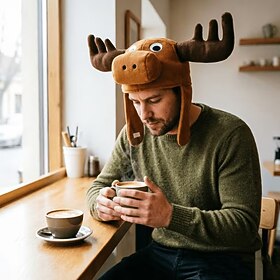 Plush Reindeer Hat for Adults, Funny Fuzzy Animal Costume Headwear for Men and Women, Christmas and New Year Party Accessory, Novelty Birthday Gift, Holiday Co