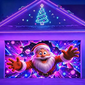 Blacklight Christmas Garage Door Cover, UV Reactive Fluorescent Santa Claus Print Garage Door Banner, 3D Optical Illusion Santa Holiday Backdrop for Outdoor Ch