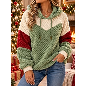 Women's Christmas Party Fleece Pullover Hoodie Textured Sweatshirt Drawstring Patchwork Warm Active Sportswear Long Sleeve Crew Neck Regular Tops Casual Work S