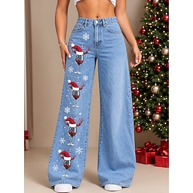 Christmas Women's Jean Denim Cotton Blend Wide Leg Chinos Elegant Vacation Vintage Full Length Mid Waist Graphic Santa Claus Christmas Tree Drawstring Patchwor