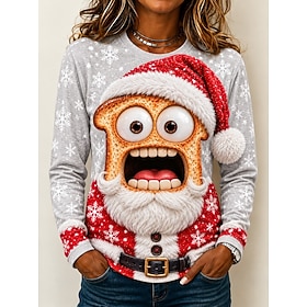 Christmas Women's T Shirt Print Graphic Santa Claus Christmas Vintage Fashion Stylish Long Sleeve Crew Neck Round Neck Regular Tops Casual Daily Blue Light Pur