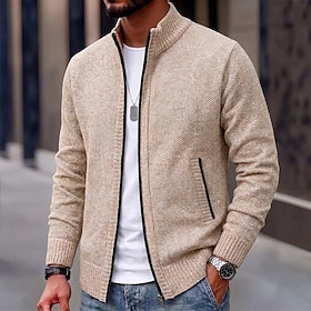 Men's Dress Sweater Cardigan Sweater Zip Sweater Ribbed Knit Long Tops Knitted Plain Standing Collar Warm Ups Modern Contemporary Casual Daily Wear Clothing Ap