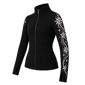 Figure Skating Fleece Jacket Women's Ice Skating Jacket Top Black Patchwork Stretchy Training Competition Skating Wear Crystal / Rhinestone Long Sleeve Ice Ska
