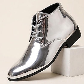 Men's Dress Ankle Boots Silver Metallic Mirror Finish Lace Up Pointed Toe Low Block Heel Fashion Formal Dress Boots for Weddings Prom Christmas Parties Nightcl