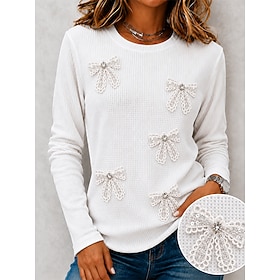 Women's Waffle T-shirt T Shirt White Cotton Top Embroidered T-shirt Patchwork Embroidered Tie Knot Solid Color Elegant Bohemia Daily Basic Long Sleeve Crew Nec