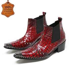 Men's Genuine Leather Red and Black Snake-Embossed Chelsea Ankle Boots with Pointed Toes and Block Heels, Bold Statement Footwear for Parties and Evening Event