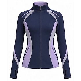 Figure Skating Top Women's Ice Skating Jacket Top Navy Patchwork Stretchy Professional Training Competition Skating Wear Classic Crystal / Rhinestone Long Slee