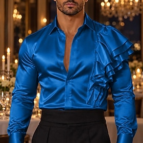 Men's Shirt Satin Shirt Dress Shirt Casual Shirt Button Up Shirt Prom Shirt Plain Party Wedding Blue White Black Wine Long Sleeve Lapel All Seasons Clothing Ap