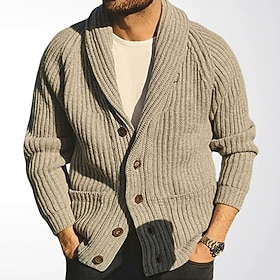 Men's Sweater Cardigan Sweater Ribbed Knit Regular Tops Button Up Pocket Solid Color Shawl Collar Neutral Fashion Casual Daily Wear Clothing Apparel Fall Winte