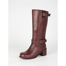 Women's Burgundy Double Buckle Mid Calf Riding Boots - Vintage Tall Boots with Faux Leather Upper, Block Heel  Side Zipper for Fall Winter, Daily Commute, Stre