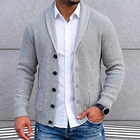 Men's Dress Sweater Cardigan Sweater Knit Sweater Ribbed Knit Regular Tops Button Up Side Pockets Solid Color Shawl Collar Fashion Classic Casual Vacation Clot