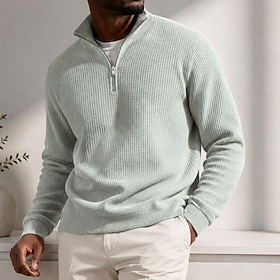 Men's Waffle Polo Shirts Textured Casual Outdoor Zip Quarter Zip Long Sleeve Fashion Modern Solid Color Textured Knitted Fall Winter Regular Green