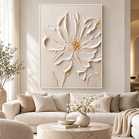3D Flower Wall Art 27.6x39.4in, Framed White Floral Canvas Painting, Textured Botanical Artwork with Gold Accents, Modern Wall Decor for Living Room Bedroom, R