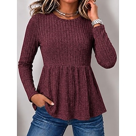 Women's Ribbed Knitted Dressy Tops Texture Ruffle Patchwork Solid Color Vintage Stylish Long Sleeve Bishop Sleeve Crew Neck Regular Tops Casual Blue Wine Red B