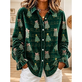 Christmas Women's Velvet Shirt Graphic Christmas Tree Elegant Vintage Stylish Long Sleeve Shirt Collar Regular Tops Casual Daily Work Blue Red Green Winter Spr