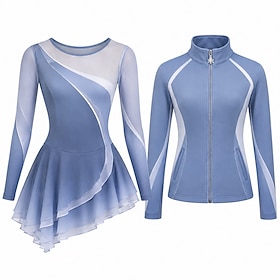Figure Skating Dress with Jacket Women's Ice Skating Outfits Lake Blue Patchwork Asymmetric Hem Stretchy Training Competition Skating Wear Classic Crystal / Rh