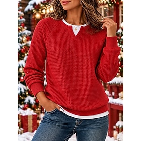 Christmas Women's Waffle Polo Shirts Solid Color Bohemia Active Vacation Long Sleeve Crew Neck High Neck Regular Tops Casual Daily Holiday Red Spring Fall Wint