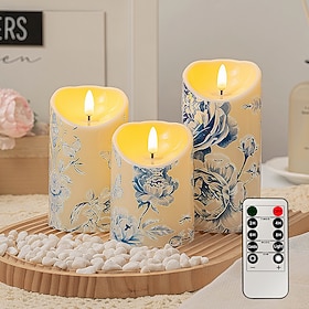 Flameless LED Candle Light, Blue and White Hydrangea Printed Electronic Candle with Remote Control, Battery Box Powered, Warm Ambient Light for Wedding, Party,