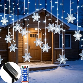 Christmas Snowflake Curtain Lights, 96 LED Waterproof String Lights, 4M Solar  USB Powered with Remote Control, Indoor Outdoor Window Decorations for Porch, Pa