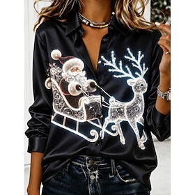 Christmas Women's Shirt Satin Top Satin Blouse Graphic Christmas Tree Vintage Stylish Modern Long Sleeve Shirt Collar Regular Tops Casual Daily Holiday Black R