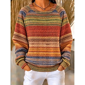 Women's Waffle Textured Pullover Sweatshirt Geometric Striped Basic Casual Print Long Sleeve Crew Neck Round Neck Long Tops Casual Street Dailywear Green Apric