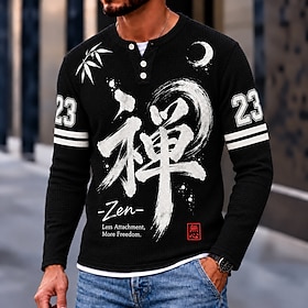 Men's Chinese character Waffle Henley Shirt Casual Style Classic Style Long Sleeve Fashion Designer Casual Casual Daily Outdoor Spring   Fall Black Henley Henl