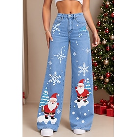 Christmas Women's Jean Denim Cotton Blend Wide Leg Elegant Vacation Vintage Full Length Mid Waist Graphic Santa Claus Christmas Tree Drawstring Patchwork Print