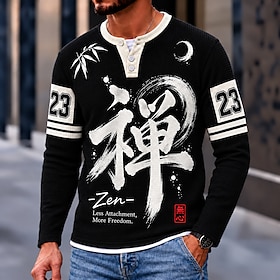 Men's Chinese character Waffle Henley Shirt Casual Style Classic Style Long Sleeve Fashion Designer Basic Casual Daily Outdoor Spring   Fall Black Henley Henle