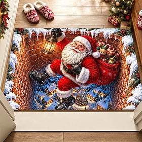 3D Optical Illusion Christmas Doormat Area Rug, Santa Claus Coming Out of Chimney 3D Floor Mat, Christmas Gift Sack Holiday Area Rugs, Entryway Home Decor