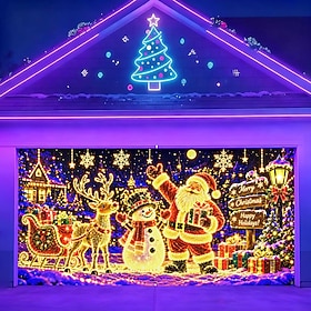 Blacklight Christmas Garage Door Cover, UV Reactive Fluorescent Santa Claus and Snowman Print Garage Door Banner, Colorful Christmas Holiday Backdrop for Outdo