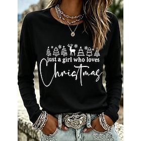 Christmas Women's T Shirt Print Graphic Santa Claus Vintage Fashion Stylish Long Sleeve Crew Neck Regular Tops Casual Daily Weekend Blue Black Red Green Spring