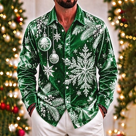 Christmas Men's Christmas Bell Snowflake Button Up Shirt Casual Dress Shirt Long Sleeve Fashion Casual Vacation Dailywear Summer Spring Fall Turndown Velvet Bl