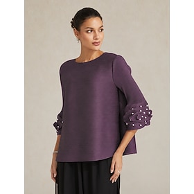 Women's Blouse Dressy Tops Pleated Embellished Solid Color Plain Elegant Stylish 3/4 Length Sleeve Crew Neck Regular Tops Daily Evening Party Wedding Guest Egg
