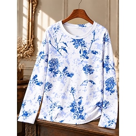 Women's 100% Cotton Cotton Shirt Floral Graphic Plants Stylish Classic Casual Long Sleeve Crew Neck Round Neck Regular Tops Casual Blue White Pink Orange Summe